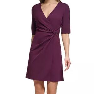 DKNY by Donna Karan 3/4 Sleeve Faux Wrap Ruched Side-Knot Sheath Dress